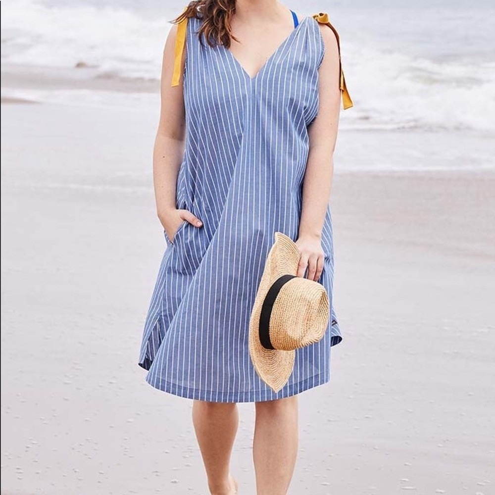 Matilda Jane Sandy Seashell Cover Up S Blue Stripe 100% Cotton Shift Dress Beach